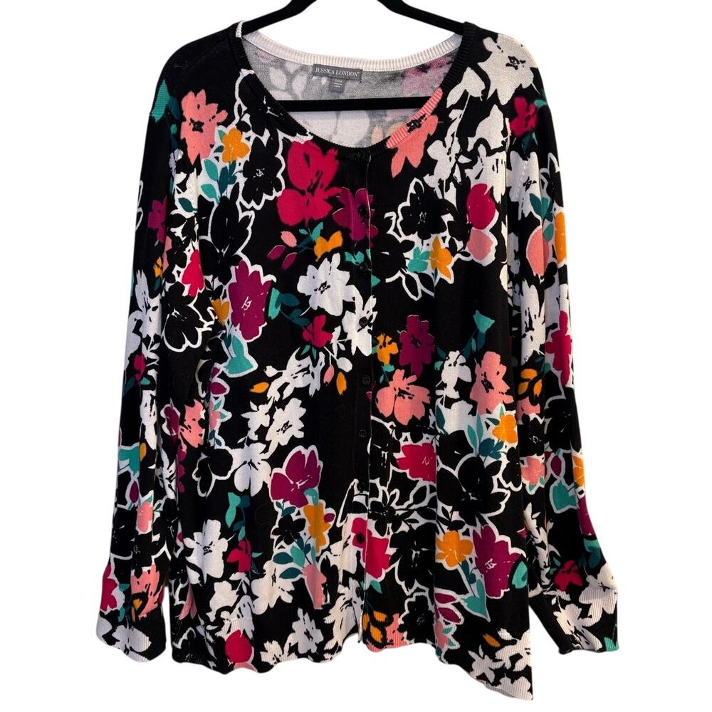 Jessica London Black Multi-Color Floral Button-Front Cardigan Plus Size 22 / 24
